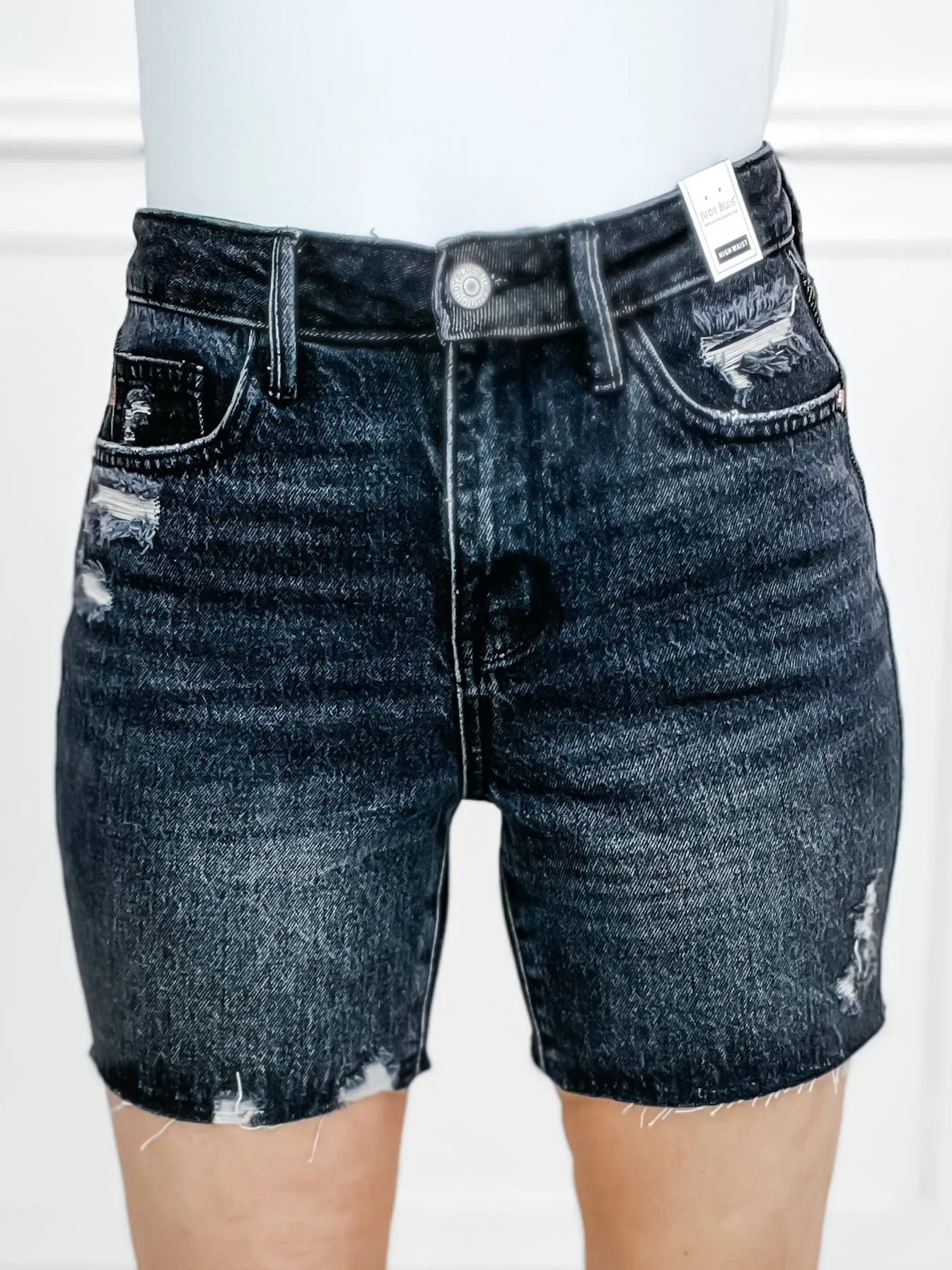 Judy Blue Hi-Waist Rigid Magic Destroyed Raw Hem Black Denim Shorts