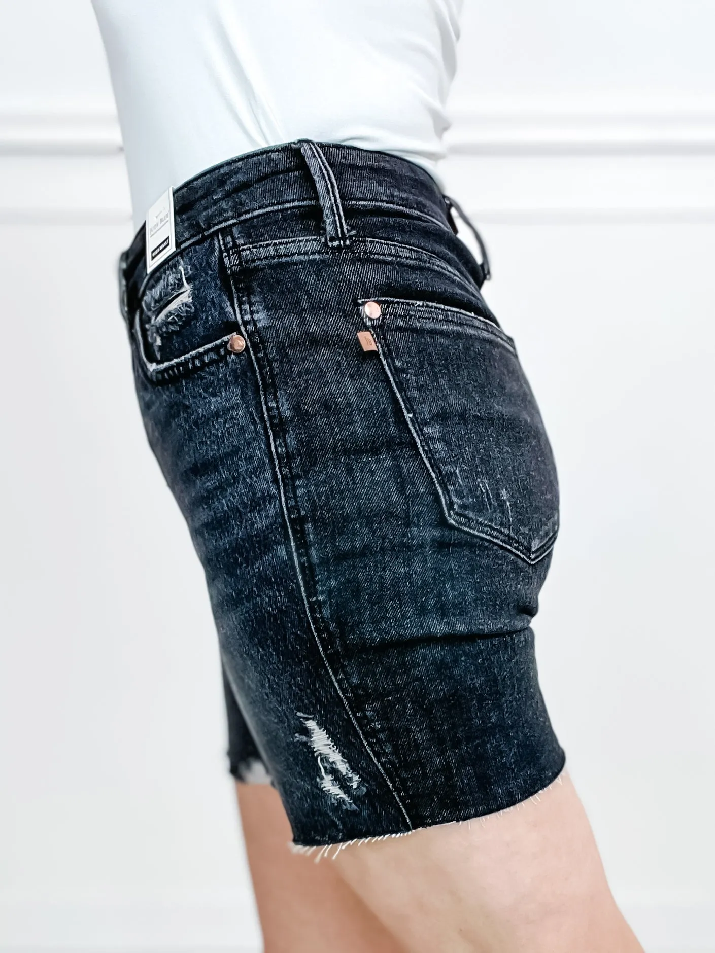 Judy Blue Hi-Waist Rigid Magic Destroyed Raw Hem Black Denim Shorts