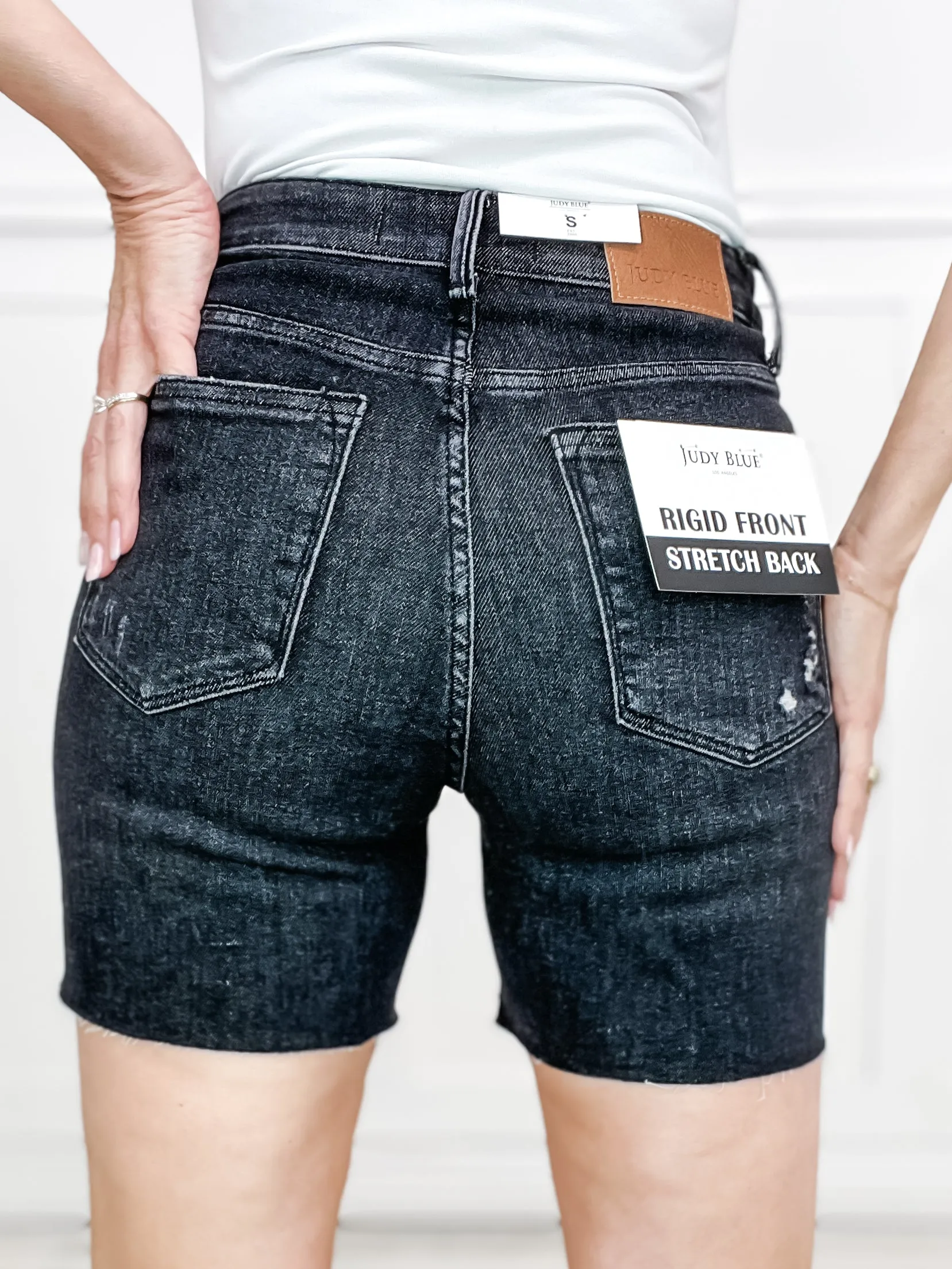 Judy Blue Hi-Waist Rigid Magic Destroyed Raw Hem Black Denim Shorts