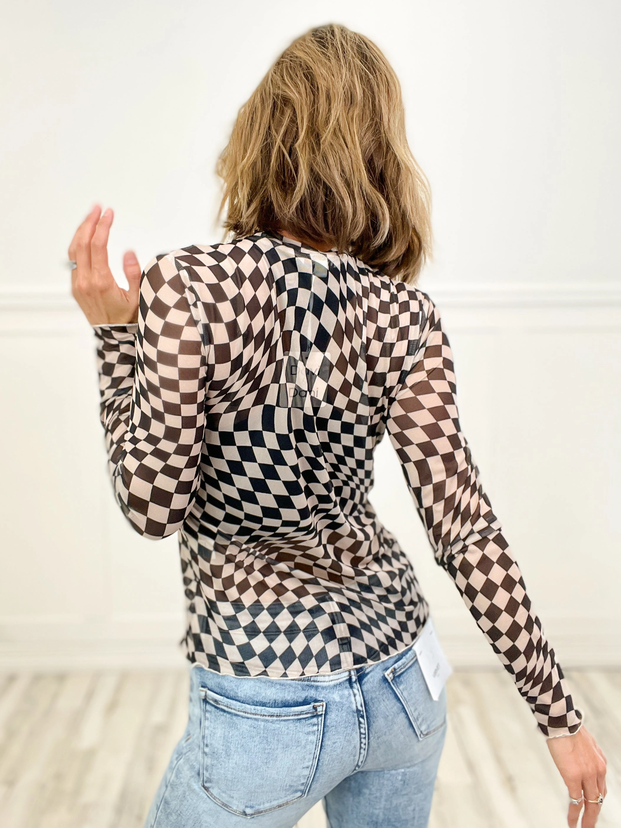 Let's Play Checker Board Printed Mesh Long Sleeve Top