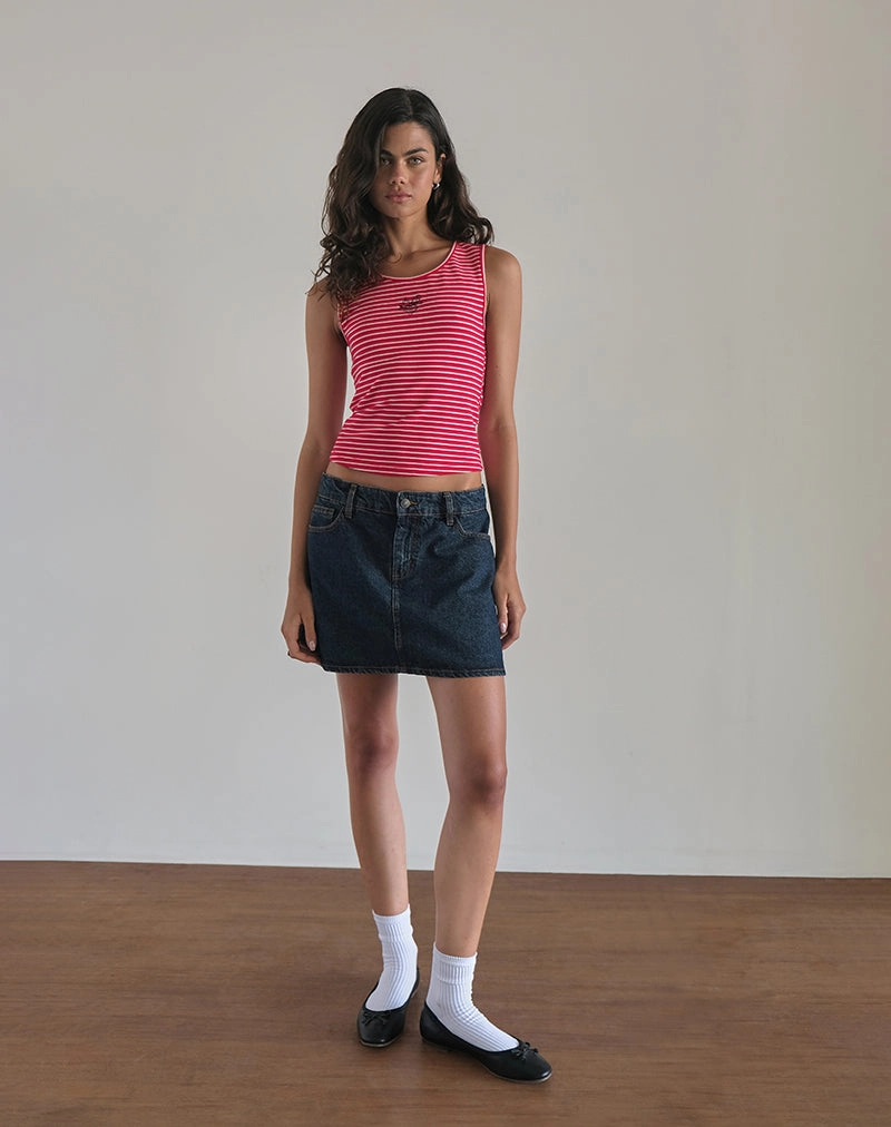 Lorica Tank Top in Red and White Stripe with Strawberry Emb