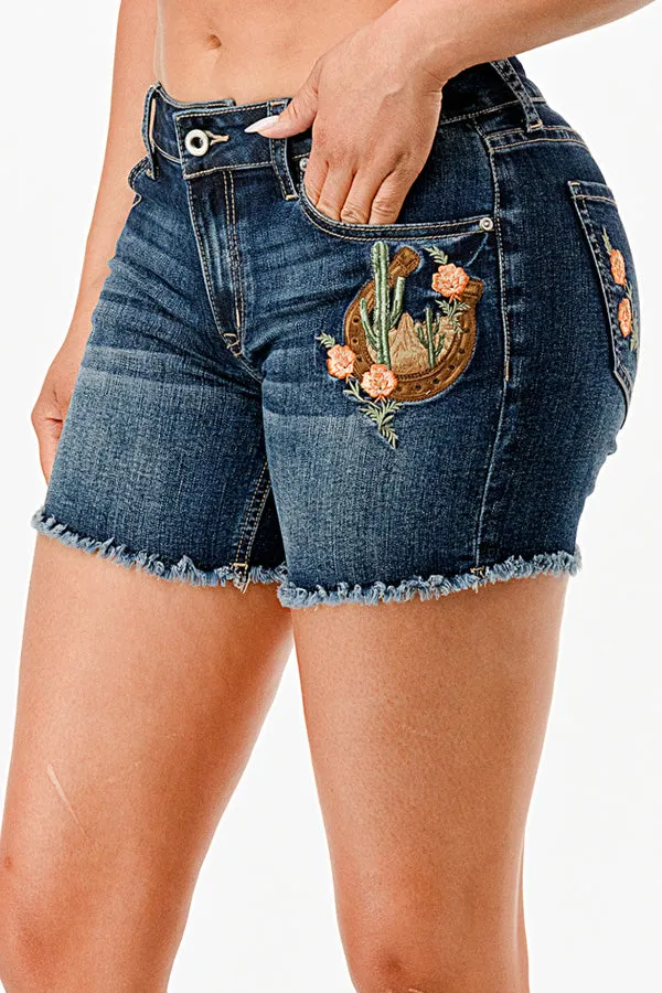 Marigolds Mid Rise Embroidered Denim Shorts