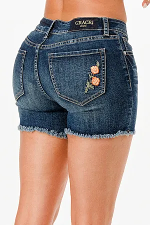 Marigolds Mid Rise Embroidered Denim Shorts