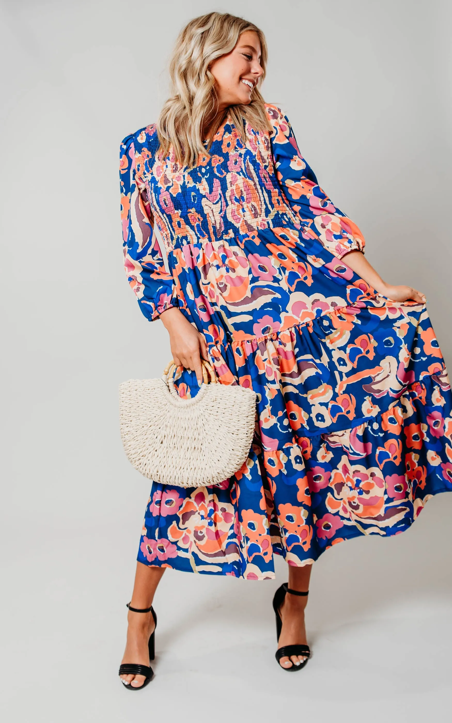 Navy Smocked Floral Dress - Final Sale
