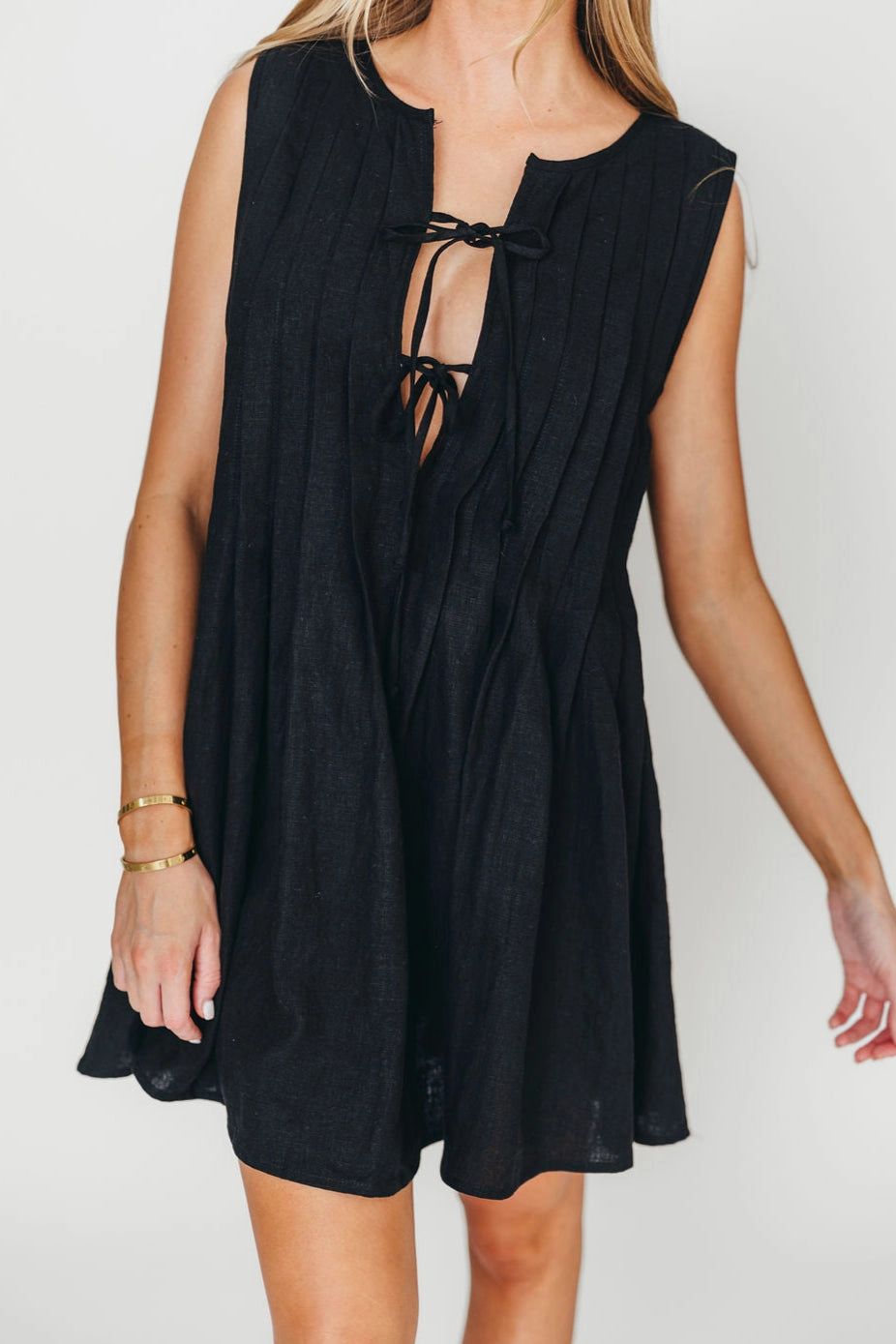 Nessa Tie Mini Dress Woven in Black 100% Linen