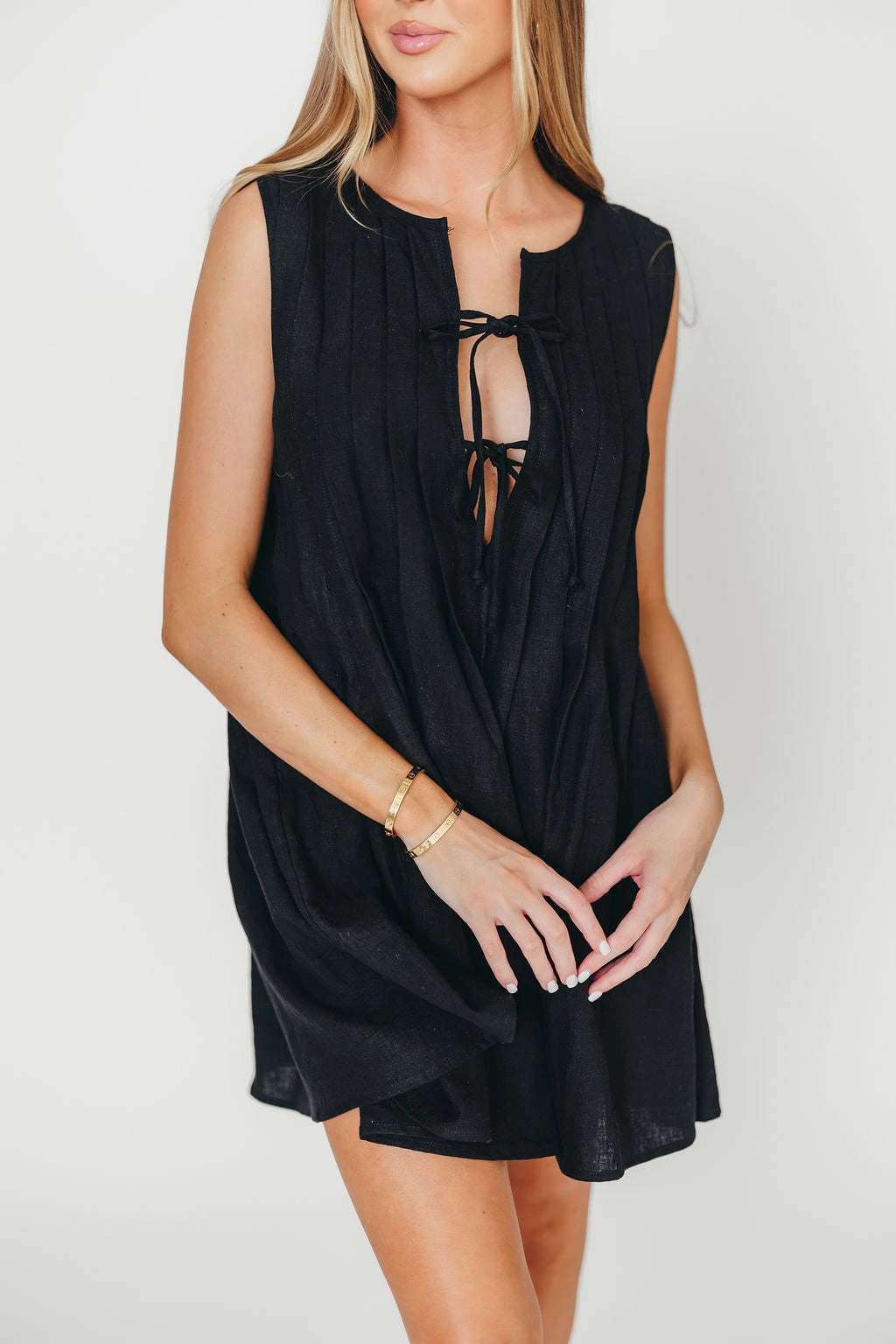 Nessa Tie Mini Dress Woven in Black 100% Linen
