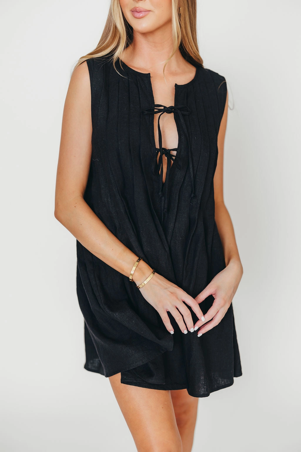 Nessa Tie Mini Dress Woven in Black 100% Linen