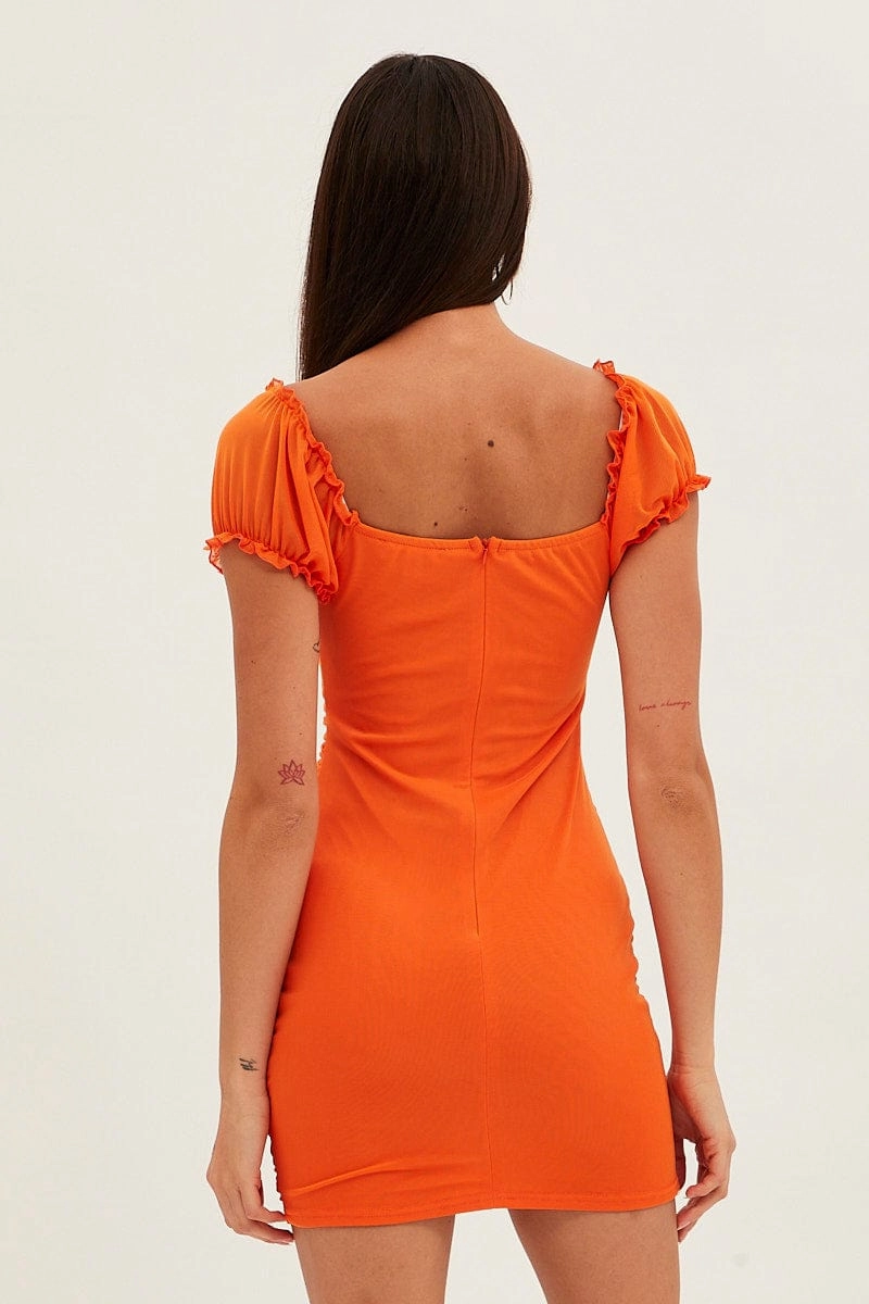 Orange Mesh Bodycon Mini Dress