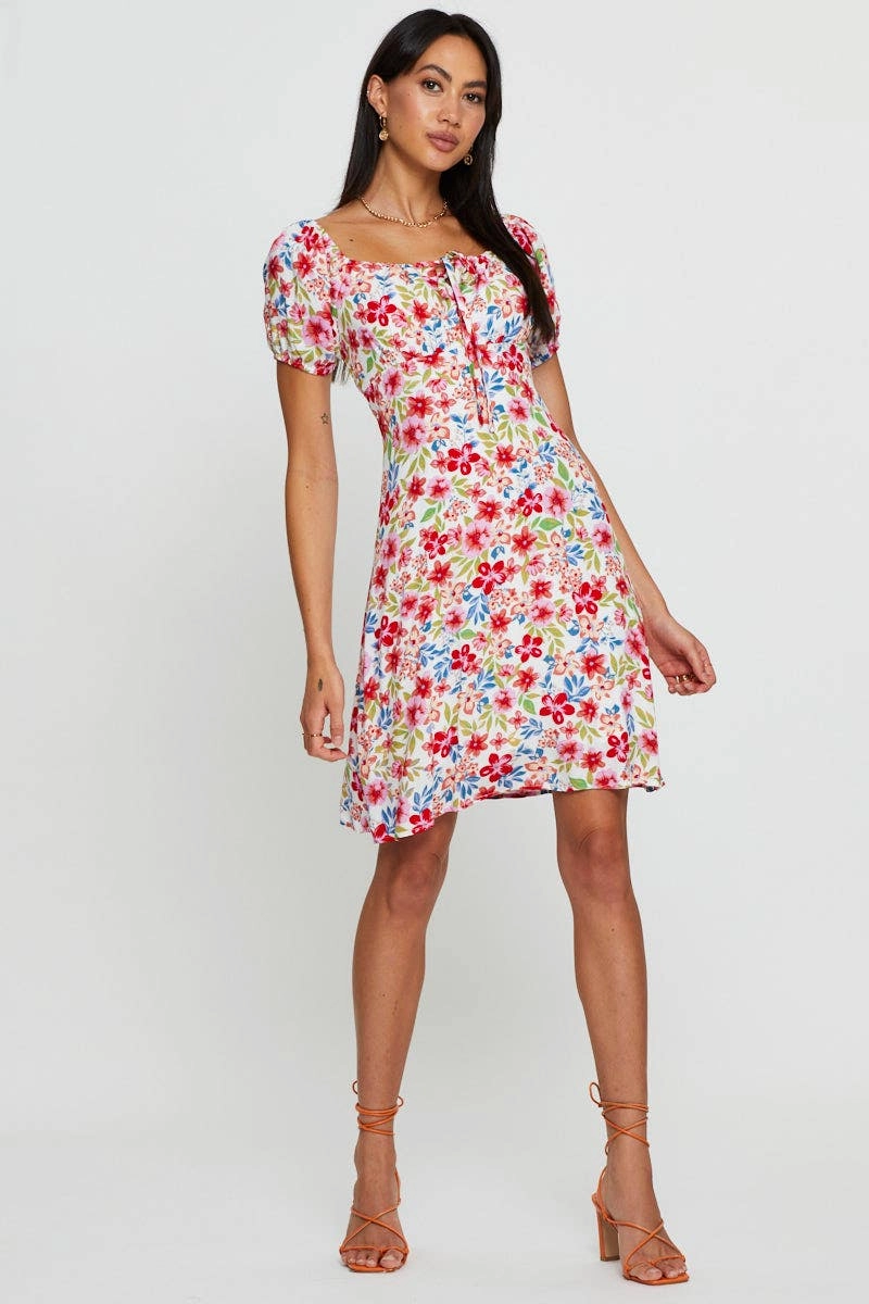 Print Mini Dress Short Sleeve Scoop Neck