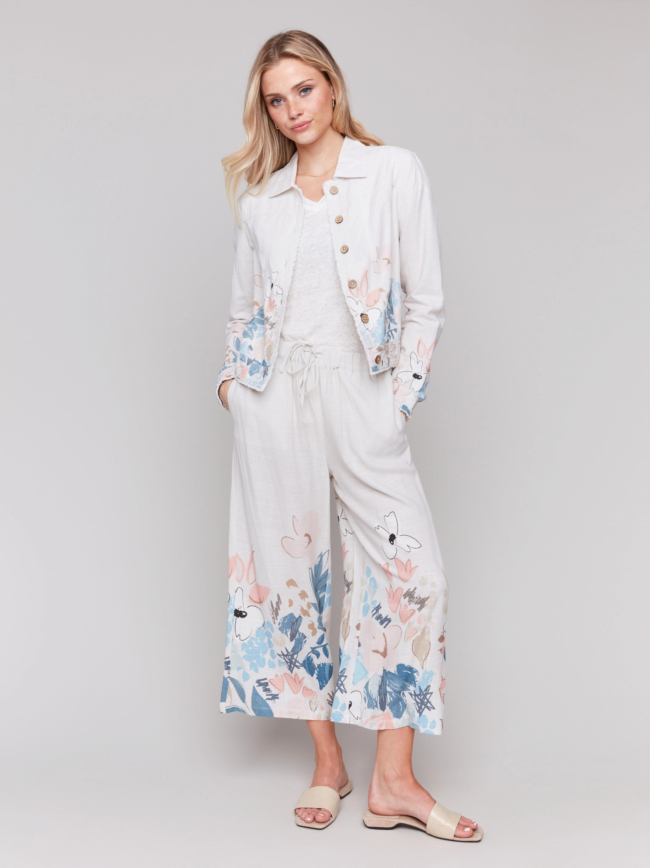 Pull-On Printed Linen Blend Pants - Supernova