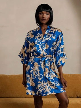 Pure Silk Dragon Print 3/4 Sleeve Women's Robe（With belt）