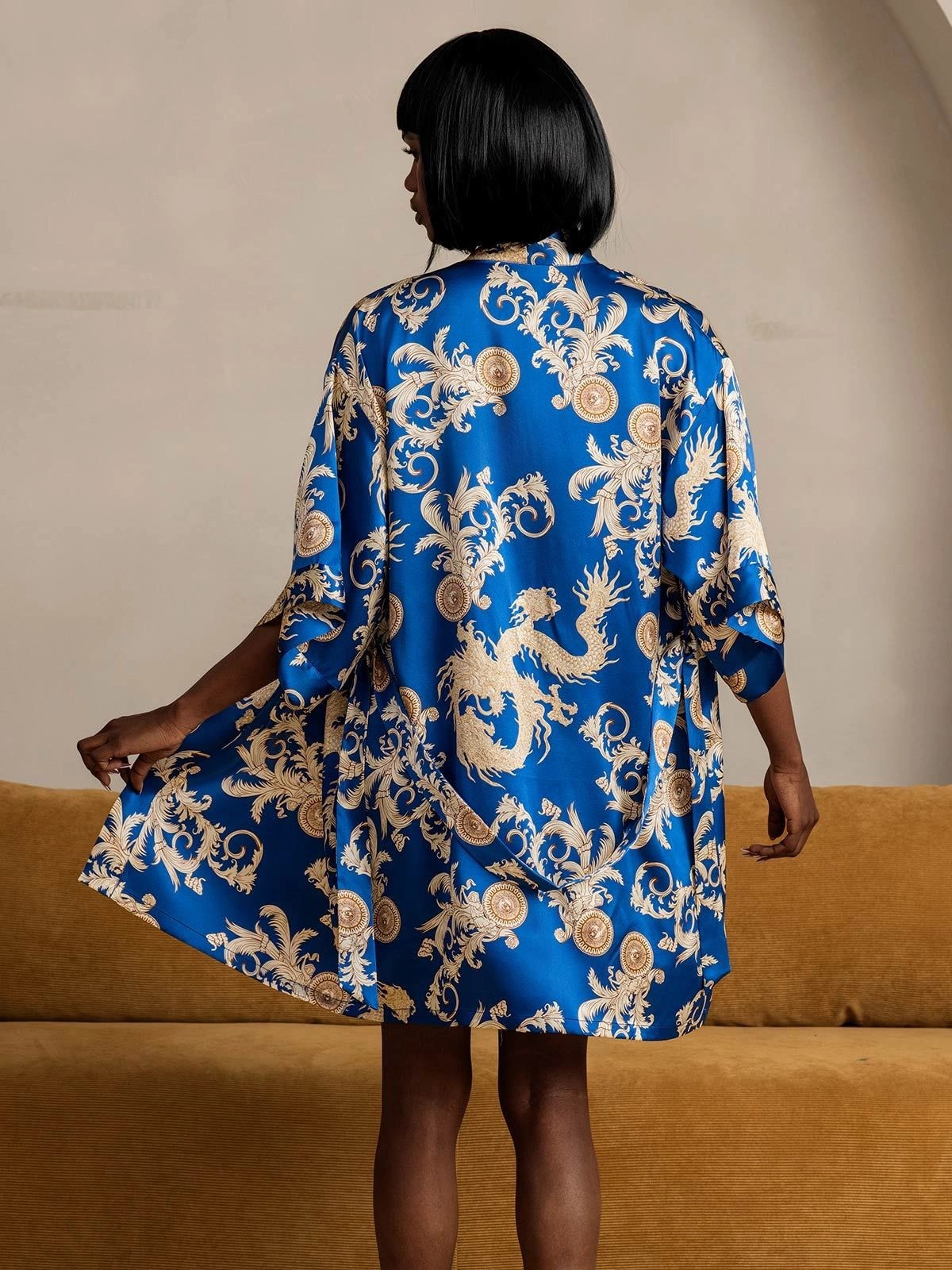 Pure Silk Dragon Print 3/4 Sleeve Women's Robe（With belt）