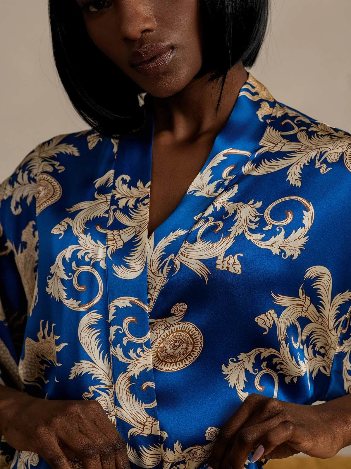 Pure Silk Dragon Print 3/4 Sleeve Women's Robe（With belt）