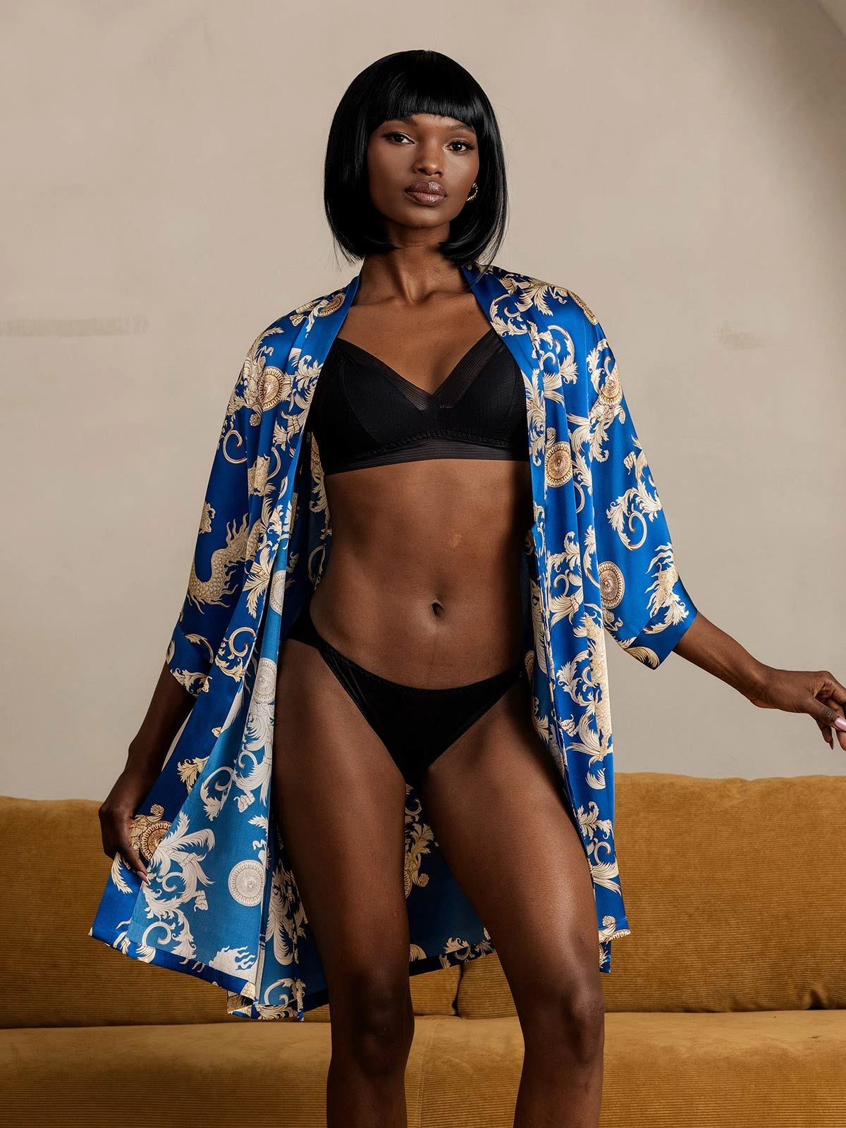 Pure Silk Dragon Print 3/4 Sleeve Women's Robe（With belt）