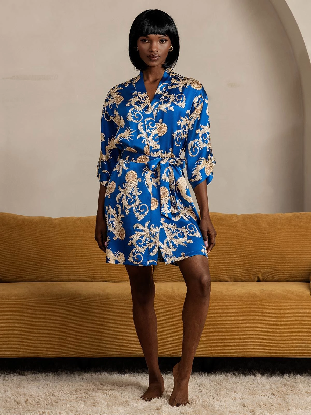 Pure Silk Dragon Print 3/4 Sleeve Women's Robe（With belt）