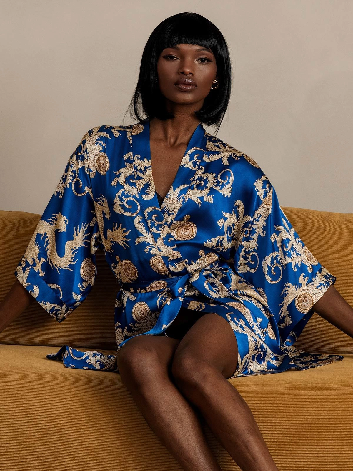 Pure Silk Dragon Print 3/4 Sleeve Women's Robe（With belt）