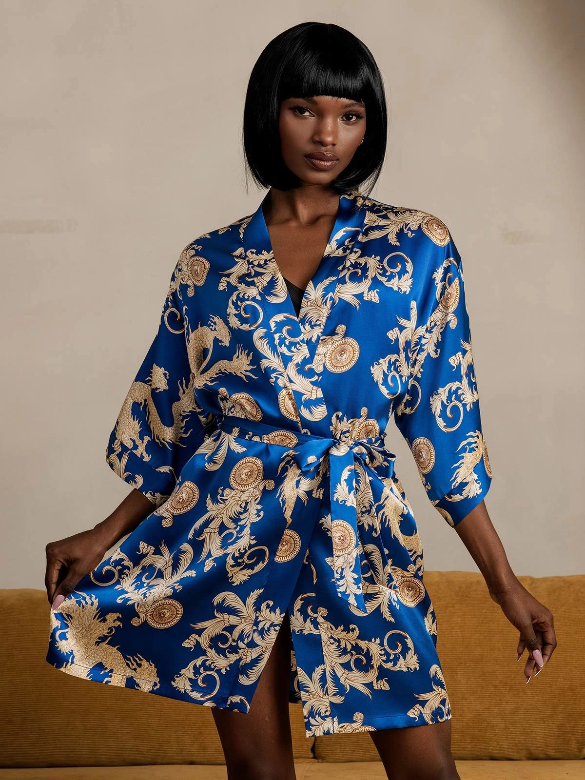 Pure Silk Dragon Print 3/4 Sleeve Women's Robe（With belt）
