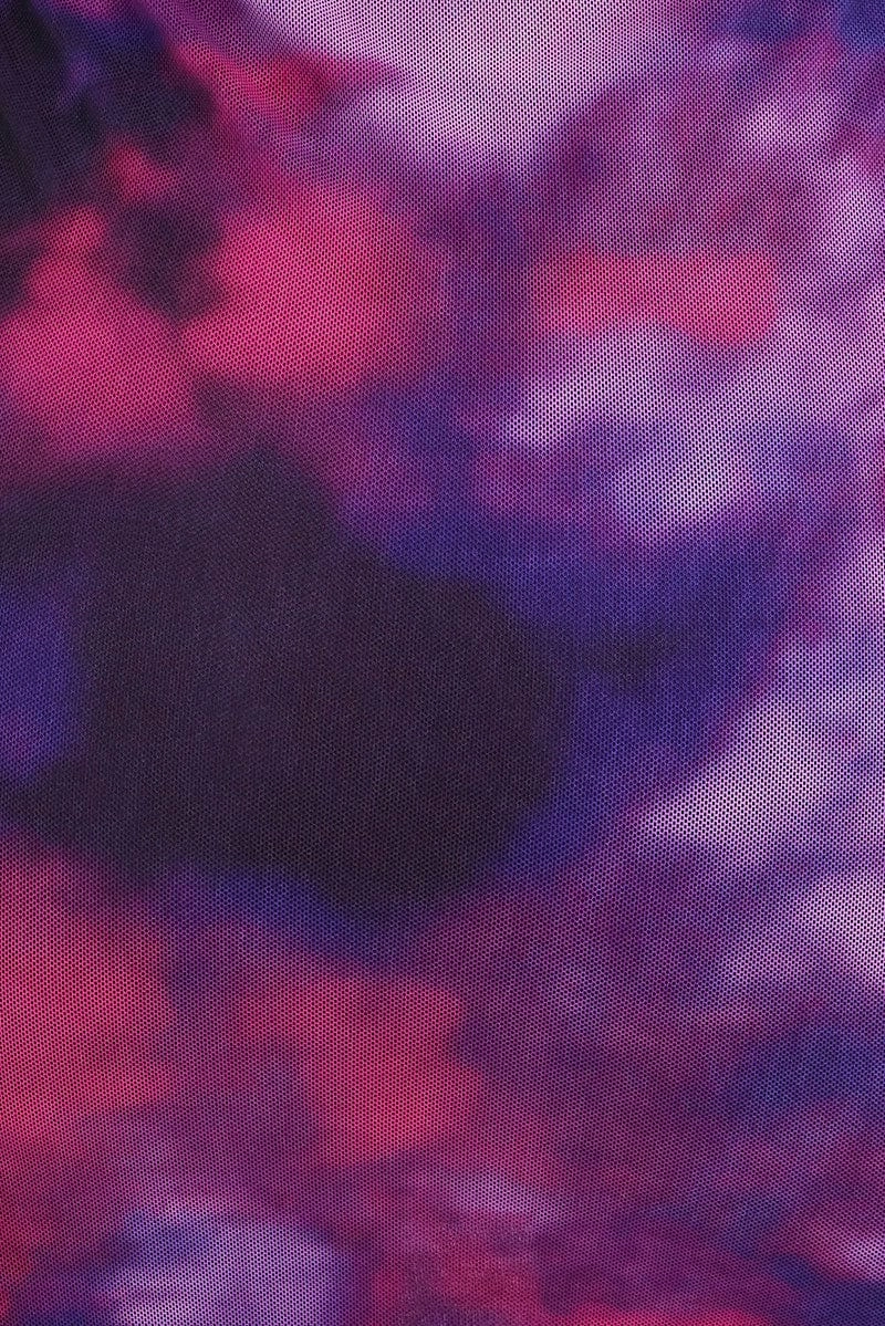 Purple Abstract Mini Dress Long Sleeve Off Shoulder Frill Mesh