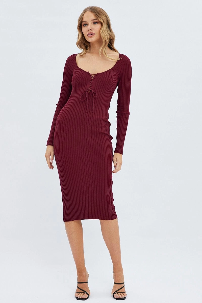 Red Knit Dress Long Sleeve Midi