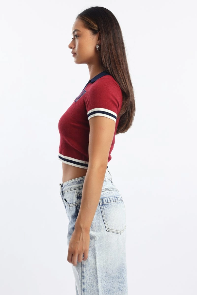 Red Knit Top Short Sleeve Collared