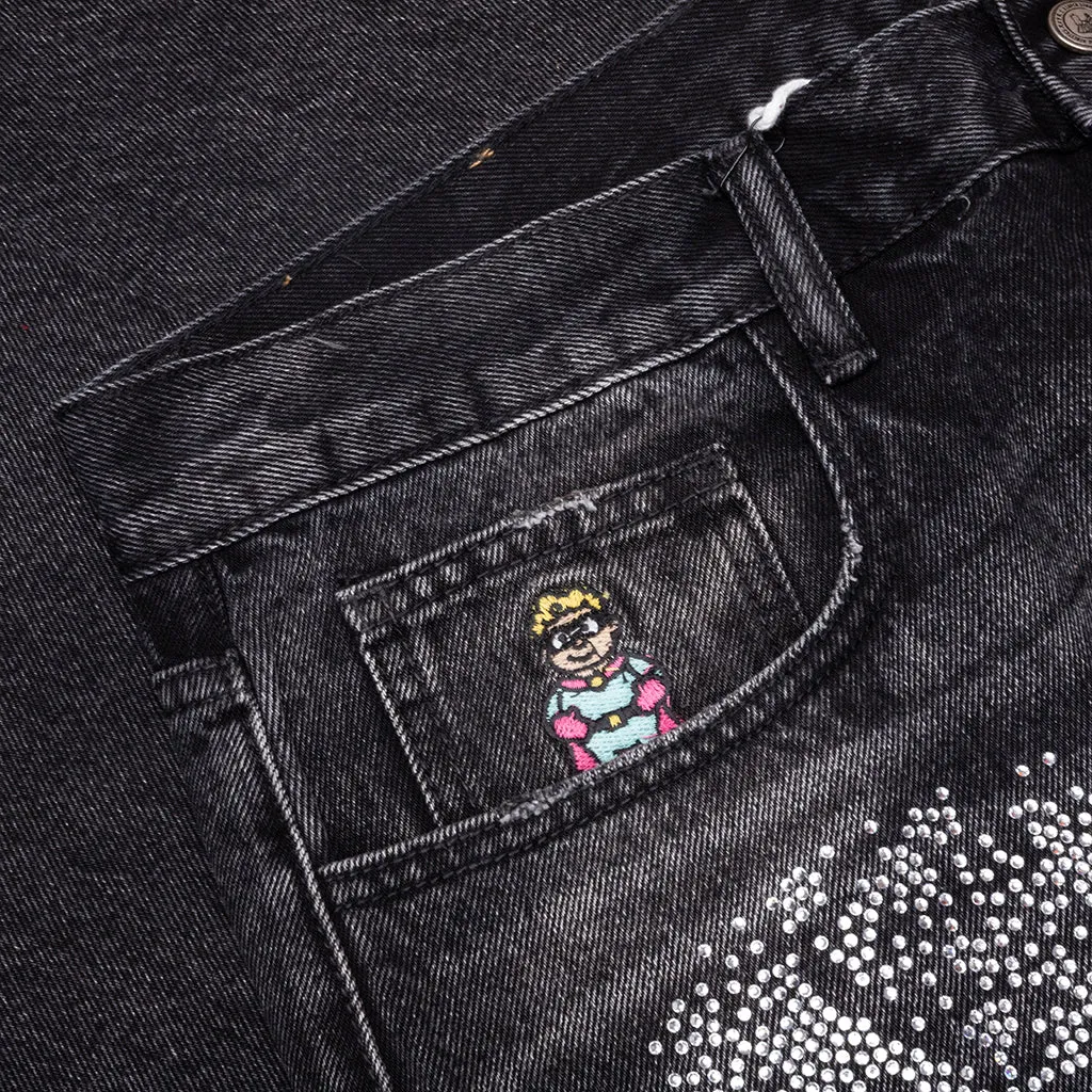 Rhinestone Face Jeans - Black