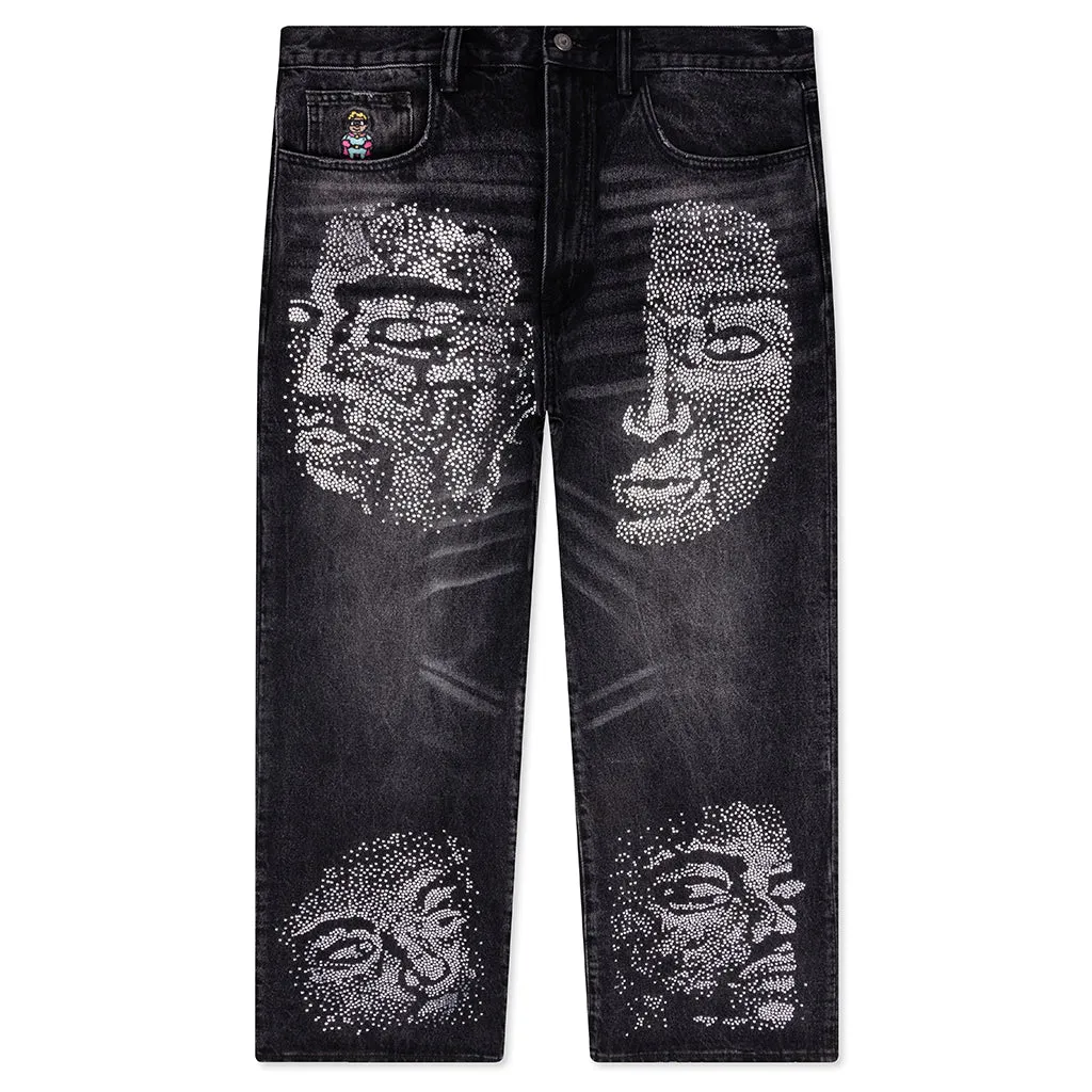 Rhinestone Face Jeans - Black