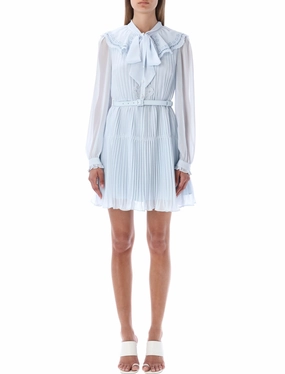 Self-Portrait Chiffon Pleated Belted Mini Dress