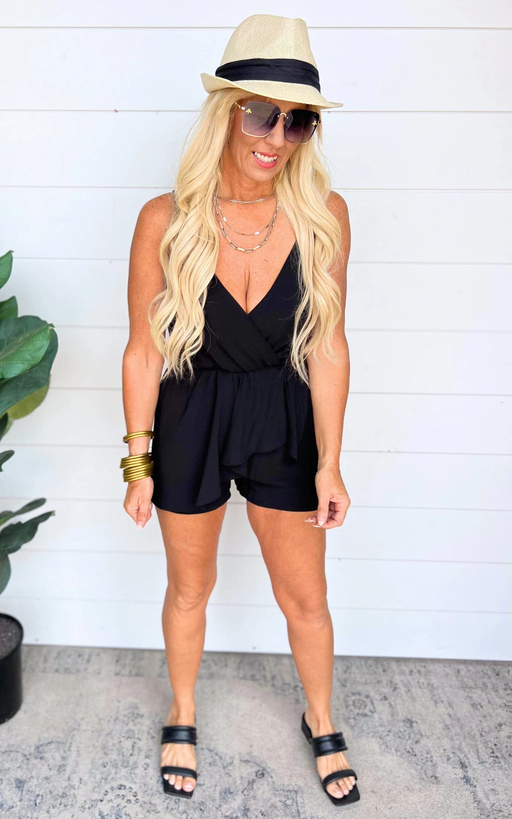 Texture Solid Asymmetrical Ruffle Romper - BLACK** - Final Sale