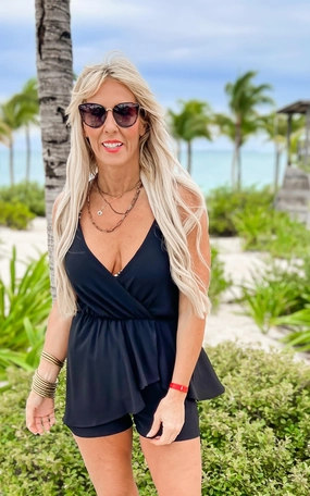 Texture Solid Asymmetrical Ruffle Romper - BLACK** - Final Sale