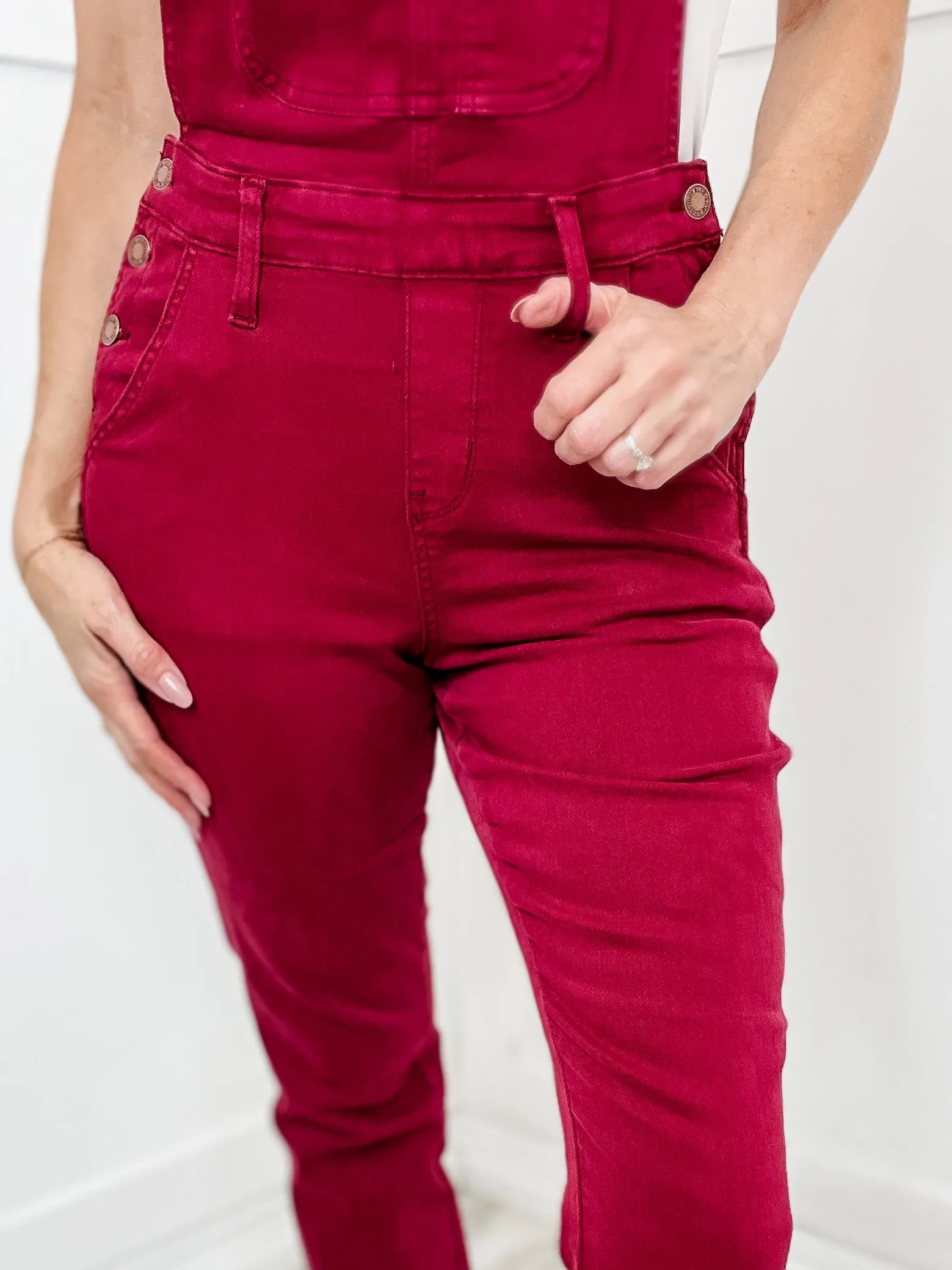 The Everly Judy Blue High Waist Garment Dyed Double Cuff Denim Overall in Maroon