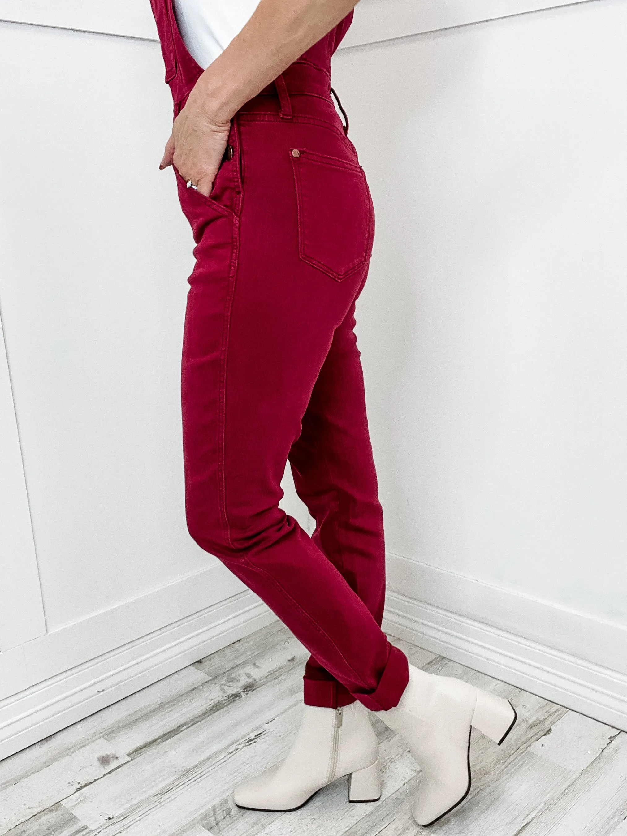 The Everly Judy Blue High Waist Garment Dyed Double Cuff Denim Overall in Maroon