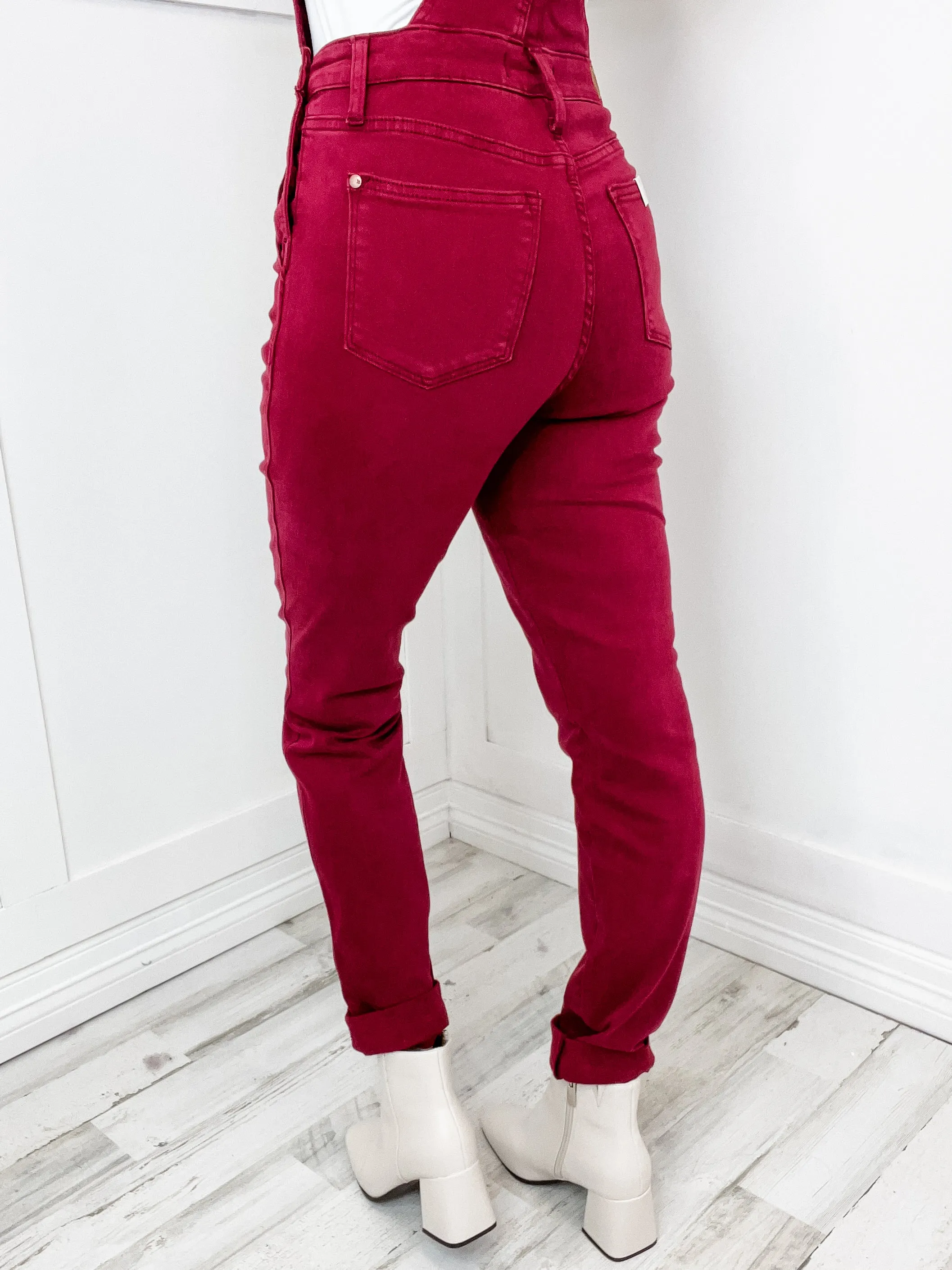 The Everly Judy Blue High Waist Garment Dyed Double Cuff Denim Overall in Maroon