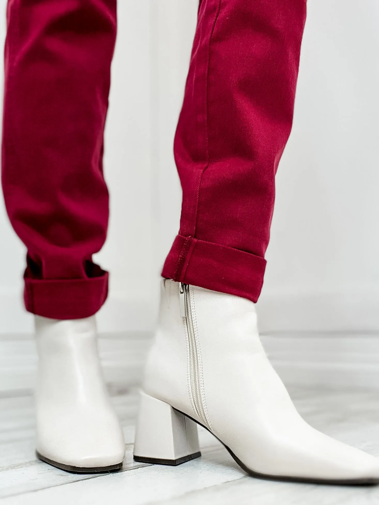 The Everly Judy Blue High Waist Garment Dyed Double Cuff Denim Overall in Maroon
