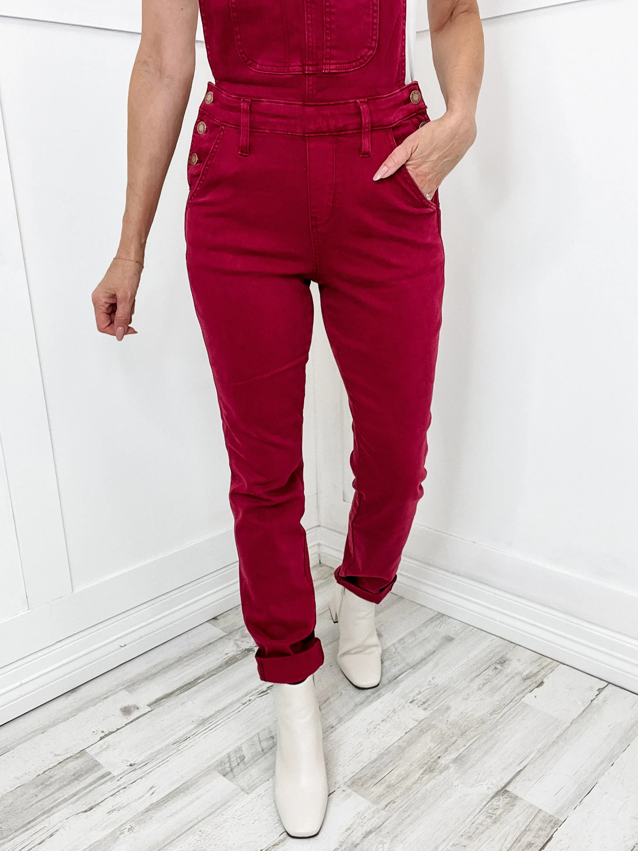 The Everly Judy Blue High Waist Garment Dyed Double Cuff Denim Overall in Maroon