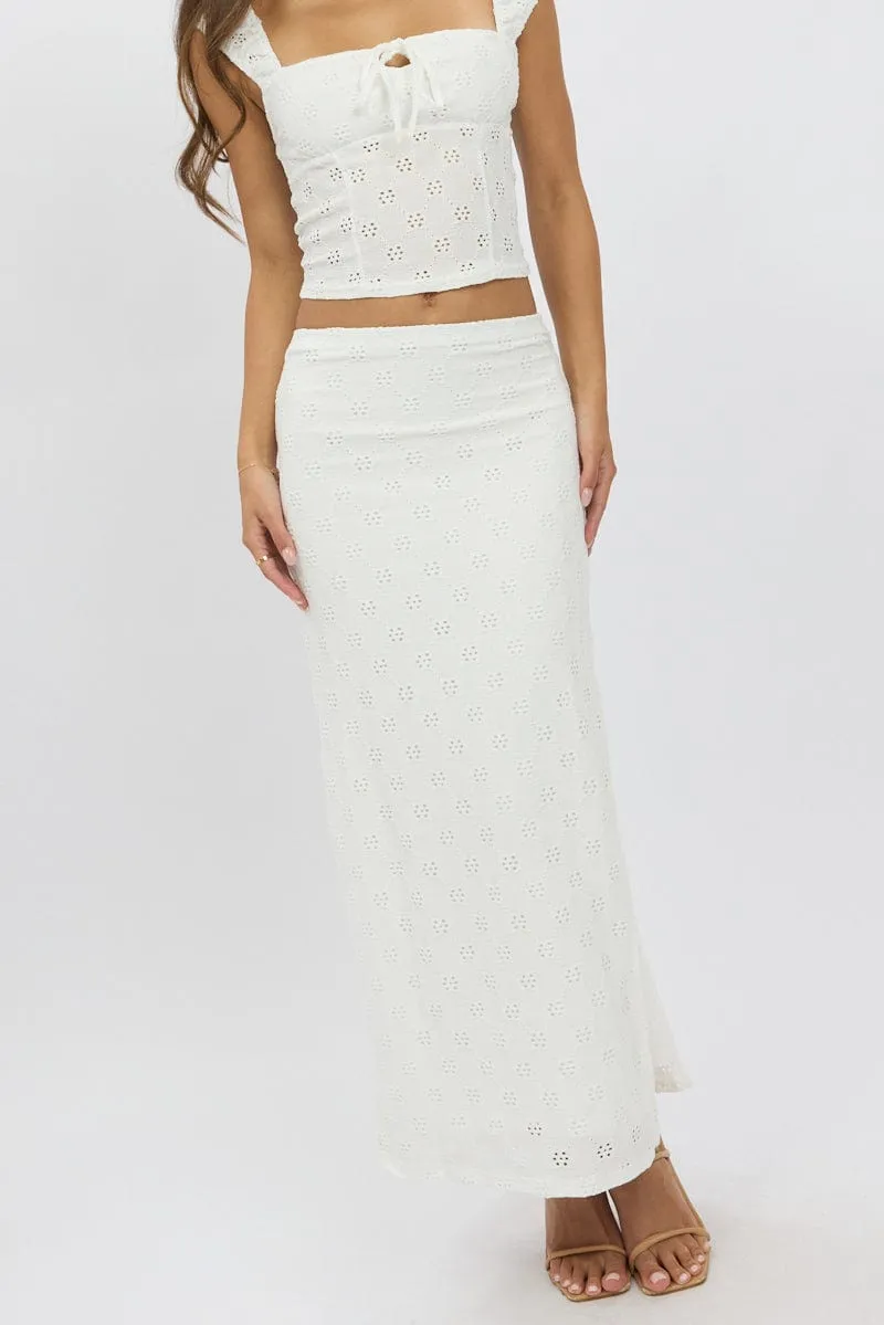 White Midaxi Skirt High Rise Stretch Eyelet