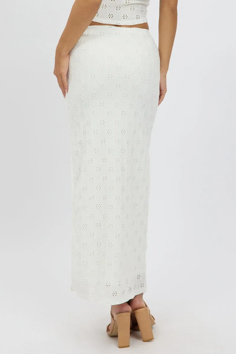 White Midaxi Skirt High Rise Stretch Eyelet