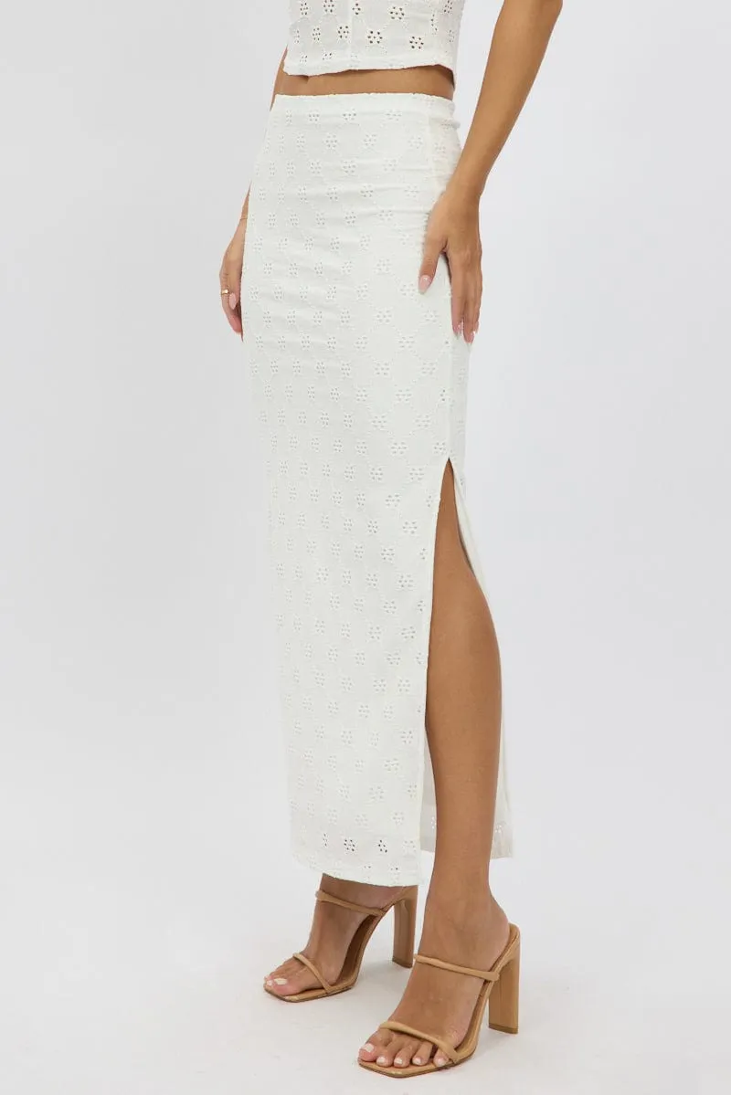 White Midaxi Skirt High Rise Stretch Eyelet