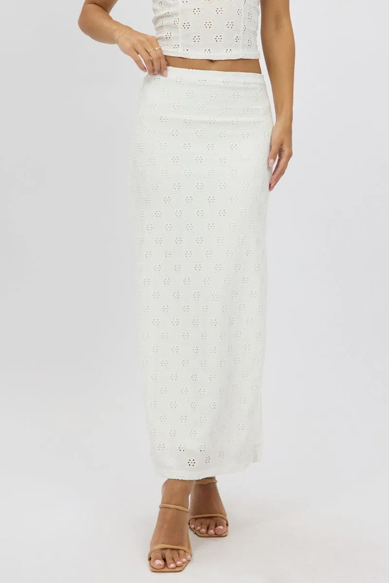 White Midaxi Skirt High Rise Stretch Eyelet