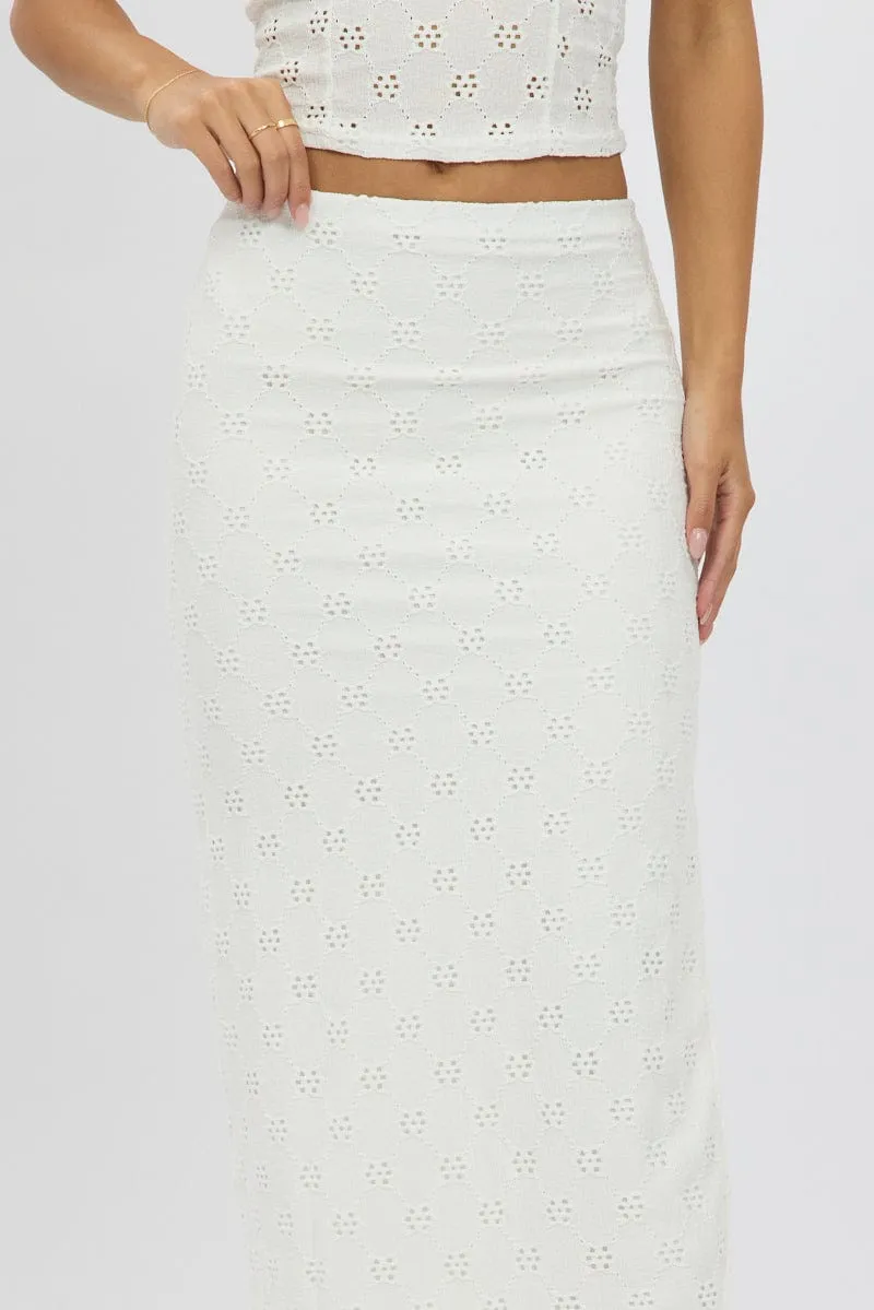 White Midaxi Skirt High Rise Stretch Eyelet