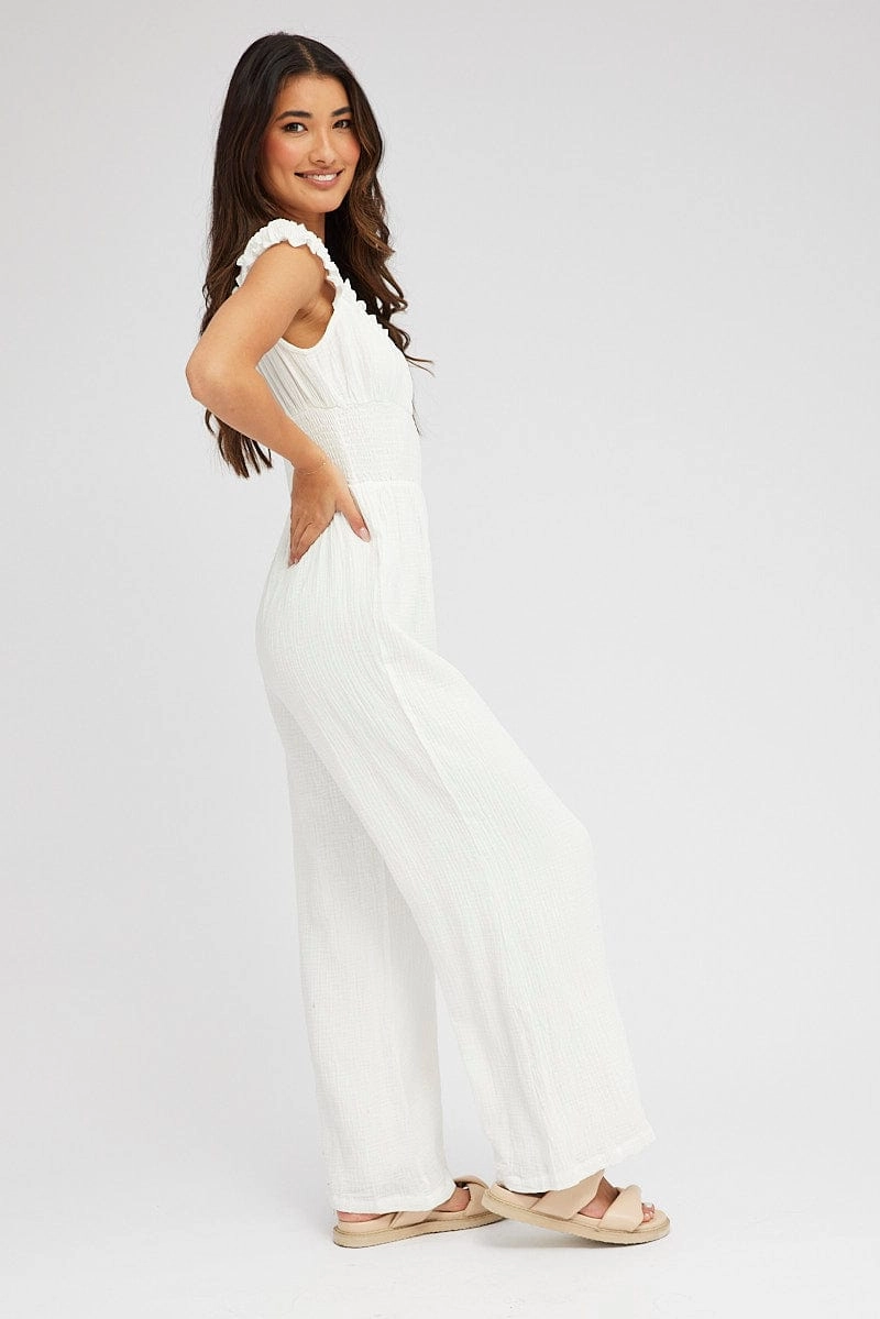 White Jumpsuit Short Sleeve Off Shoulder Shirred Cotton