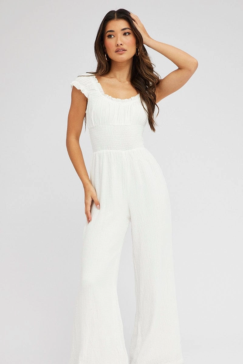 White Jumpsuit Short Sleeve Off Shoulder Shirred Cotton
