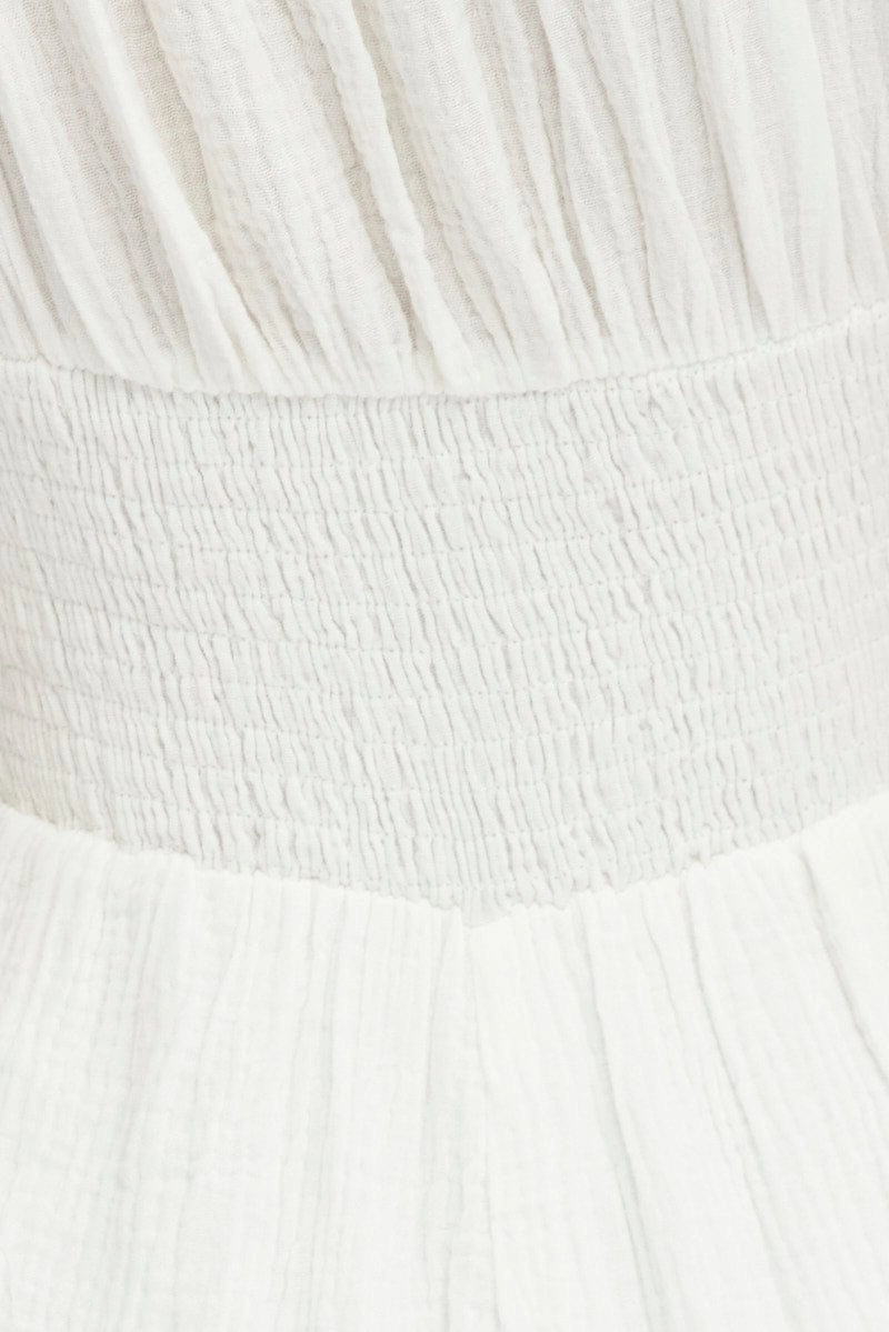 White Jumpsuit Short Sleeve Off Shoulder Shirred Cotton