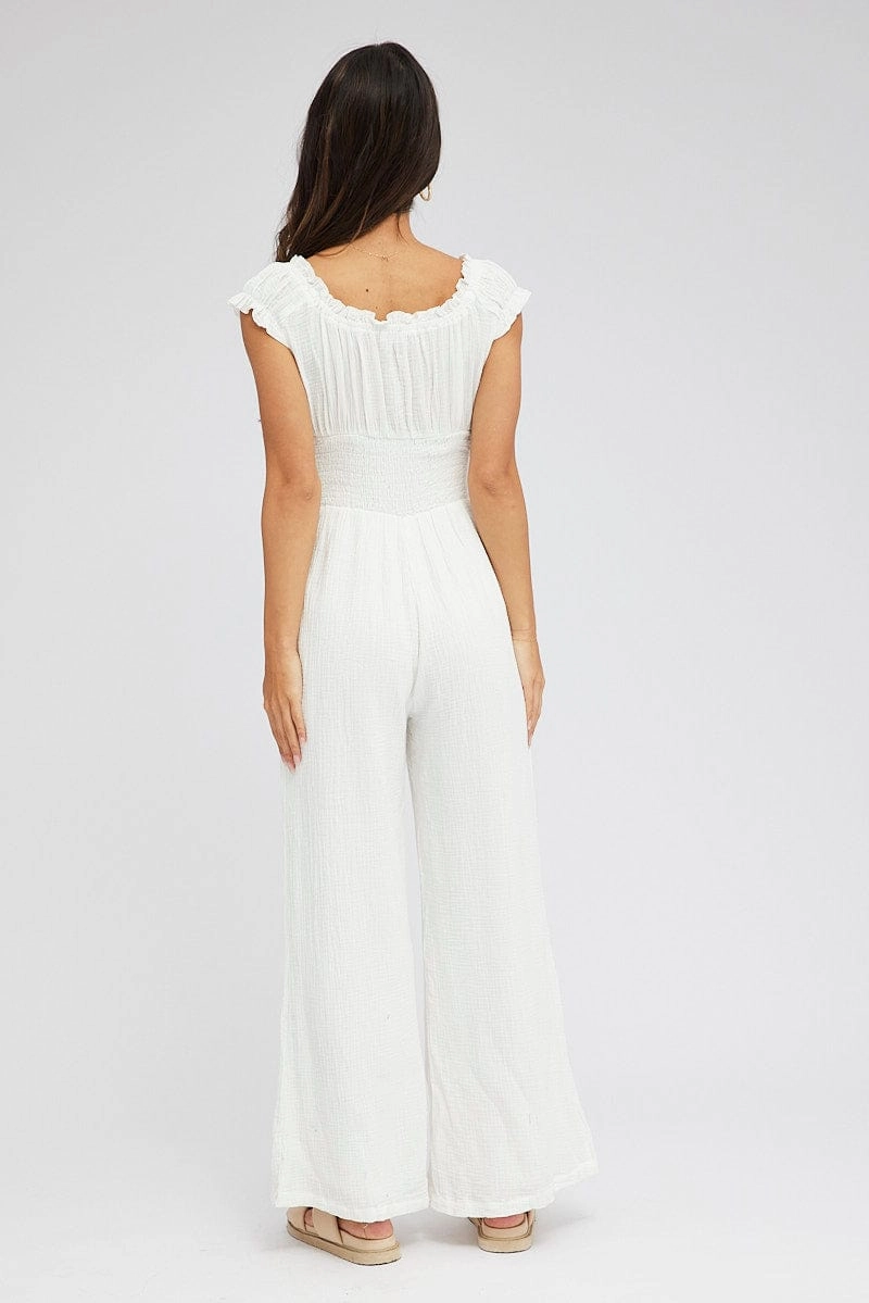 White Jumpsuit Short Sleeve Off Shoulder Shirred Cotton