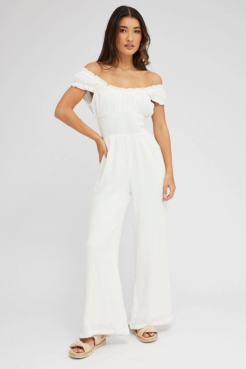 White Jumpsuit Short Sleeve Off Shoulder Shirred Cotton