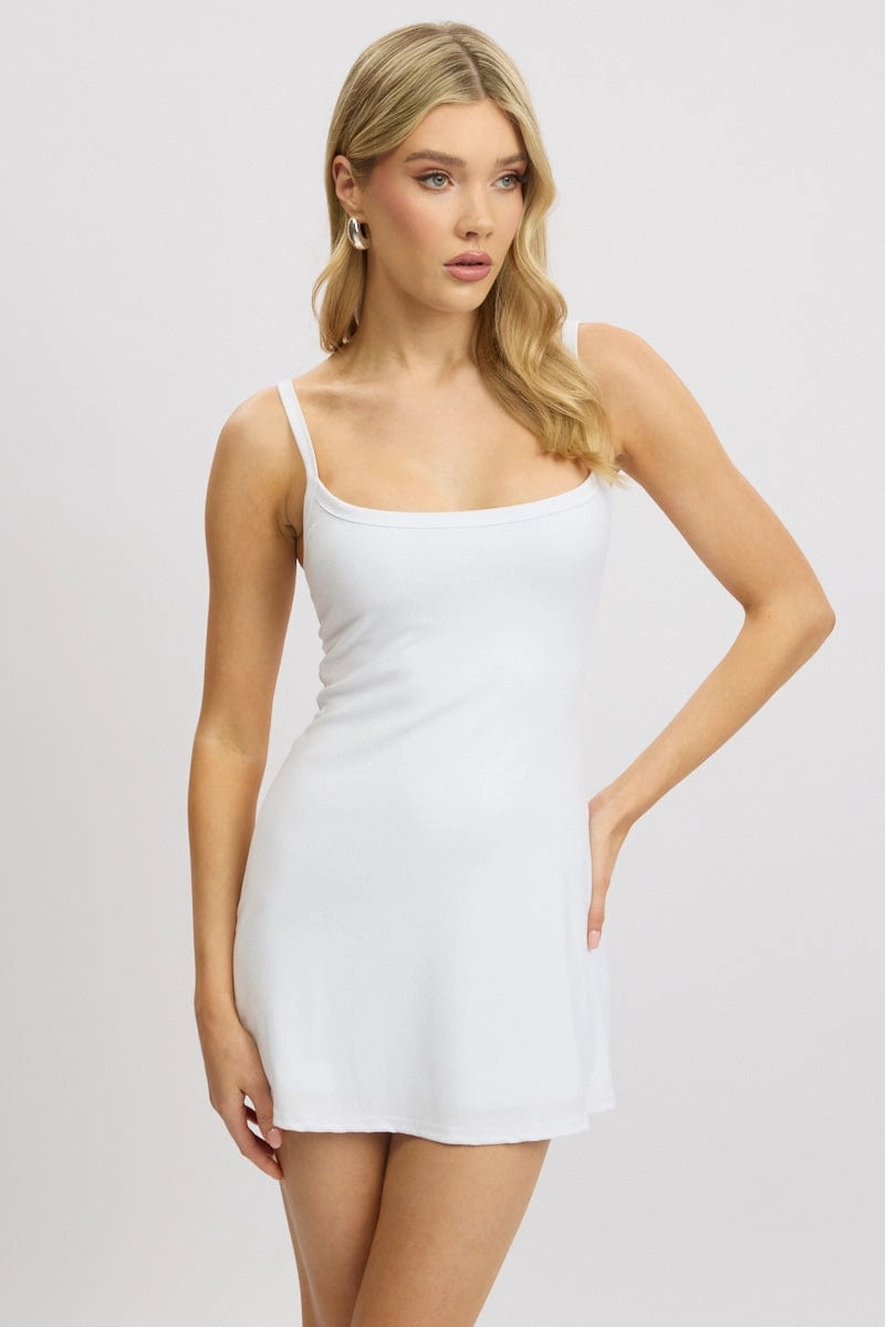 White Mini Dress Sleeveless Rib A-Line
