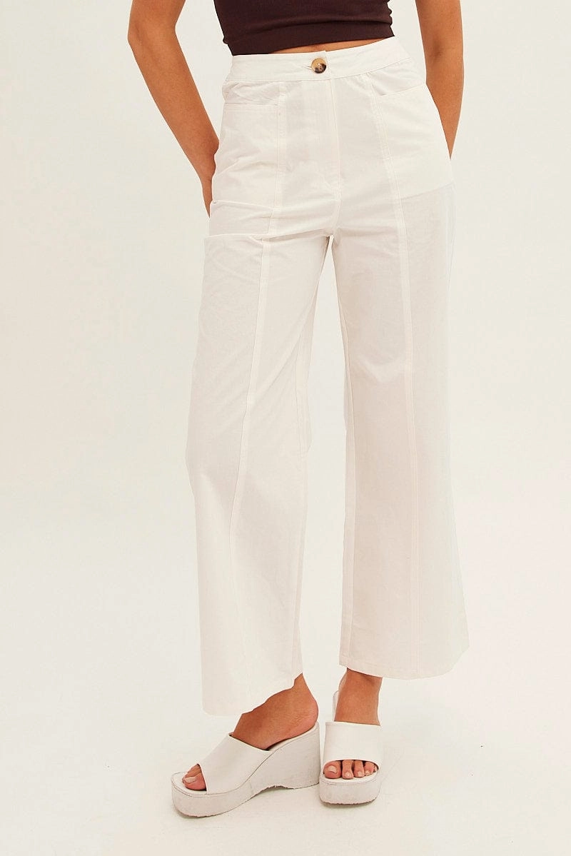 White Wide Leg Pants High Rise Cotton
