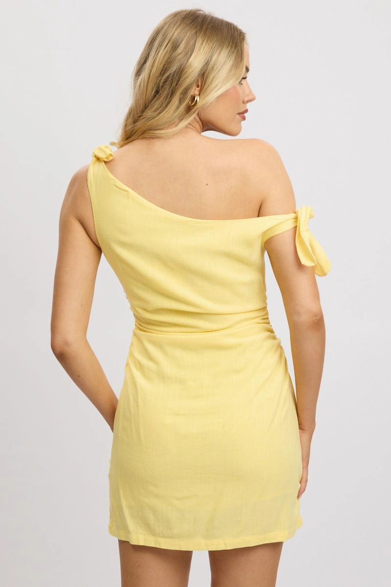 Yellow Bodycon Dress Tie up Shoulder Linen