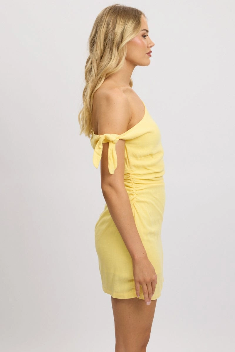 Yellow Bodycon Dress Tie up Shoulder Linen