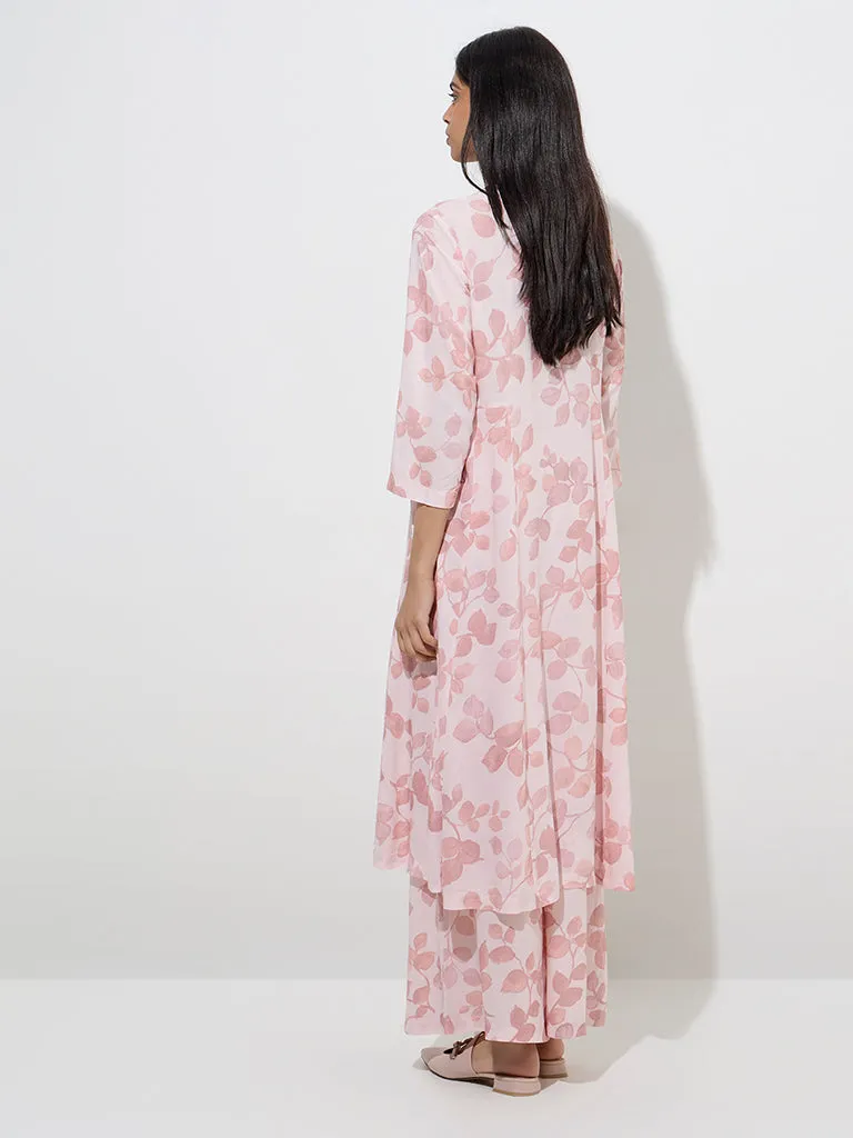 Zuba Pink Leaf Design A-Line Kurta