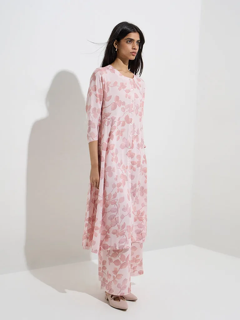 Zuba Pink Leaf Design A-Line Kurta